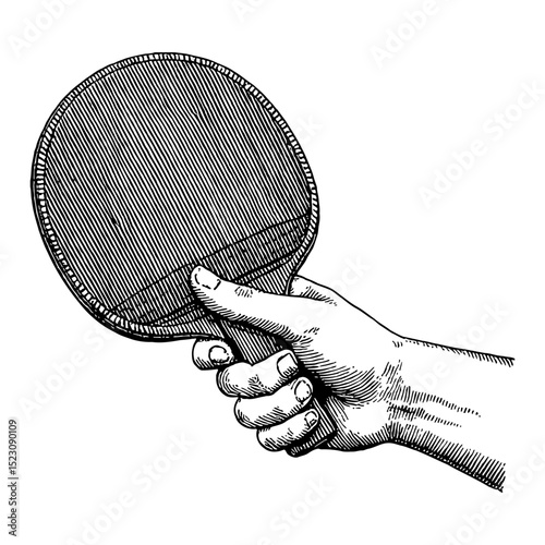 A Hand Holding Ping Pong Paddle Black and White Outline Line Art Drawing Vintage Engraving Style