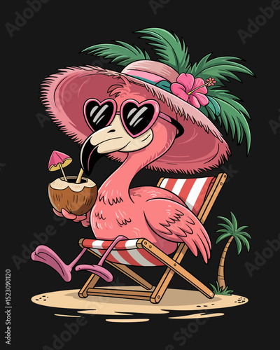 A cartoon flamingo relaxes on a striped beach chair, sipping a tropical drink from a coconut.