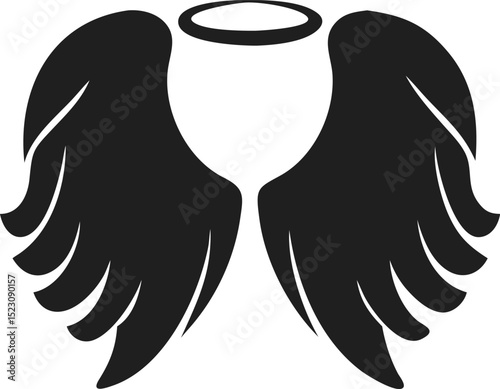 Black angel wings and halo silhouette representing purity and divinity