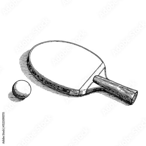 A Ping Pong Paddle and Ball in Detailed Black and White Outline Line Art Drawing Vintage Engraving Style