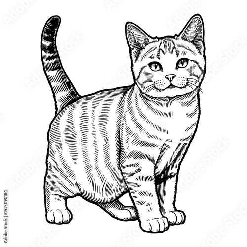 American Shorthair Kitten full body standing Front View Black and White Outline Line Art Drawing