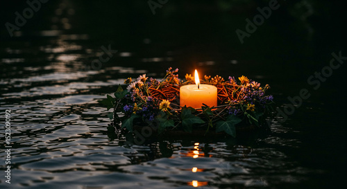 A flower wreath with a burning candle in the middle floats down a night river. Serene nighttime ritual with floral arrangement on water. Concept  cultural tradition, peaceful ceremony.