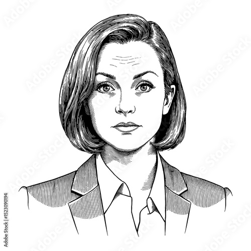 Independent Woman in Suit with Disappointed Expression Black and White Outline Line Art Drawing