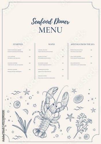 Vector menu cover, line art illustration, seafood, graphic sea food, style of old engraving, vintage, realistic Fish. Lobster. Sea shell. Great for menu designs, food branding, summer designs