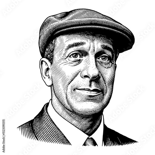 Man Featuring Expressive Crying Face with Vintage Suit and Flat Cap Black and White Outline Line Art Drawing Portrait Illustration