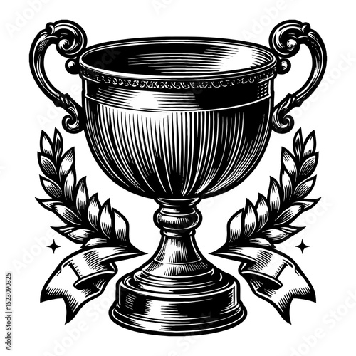 Retro Vintage Trophy Award with Laurel Wreath and Ribbon Black and White Outline Line Art Drawing