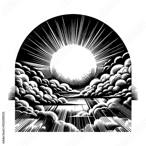 Sun Shine Above Fluffy Clouds Black and White Outline Line Art Drawing Vintage Engraving Style Sky Scene