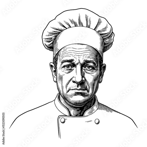 Sad Man Chef with Hat and Uniform Featuring a Very Sad Expression Black and White Outline Line Art Drawing