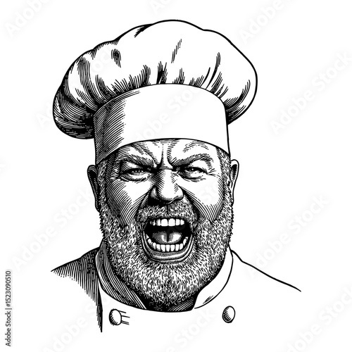 Angry Wrathful Man Chef with Hat Shouting Face Black and White Outline Line Art Drawing Vector Isolated