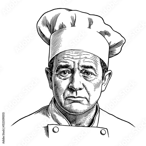 Close Up Portrait of a Disappointed Man Chef with Hat in Black and White Outline Line Art Drawing