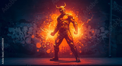 Fiery Superhero in Armor Posing Against Graffiti Wall Background