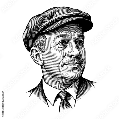Man with Thoughtful Expression in Vintage Suit and Flat Cap Black and White Outline Line Art Drawing
