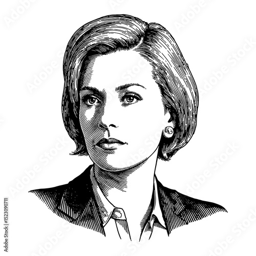 Independent Woman in Suit with Disappointed Expression Black and White Outline Line Art Drawing