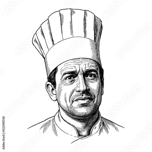 Man Chef with Hat Featuring Disappointed Expression Black and White Outline Line Art Drawing