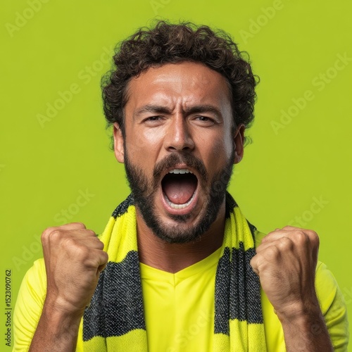 Ecstatic Fan's Cheer: A close-up portrait captures the fervent energy of a devoted fan, his face alight with unrestrained joy and exhilaration, his arms raised in jubilant celebration. 