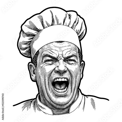 Wrathful Man Chef with Hat and Angry Face Expressing Fury Black and White Outline Line Art Drawing