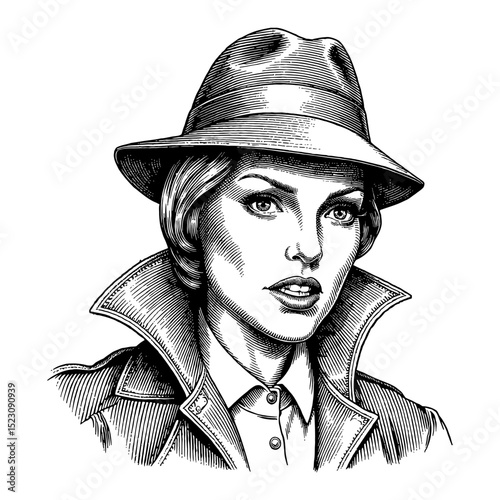 Vintage Detective Woman with Angry Wrathful Face in Classic Suit Black and White Outline Line Art Drawing