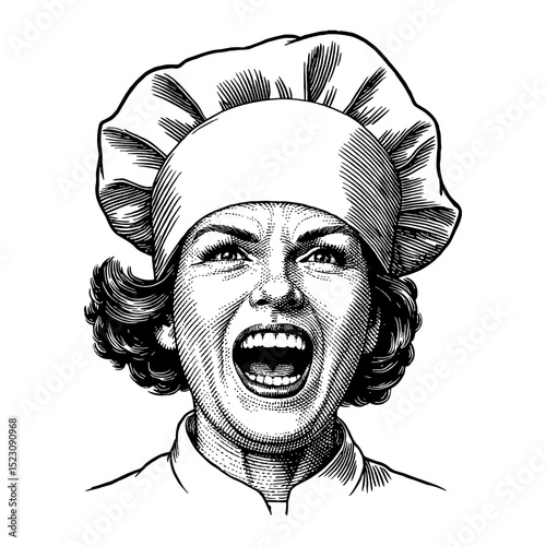 Woman Chef with Hat Very Angry Wrathful Face Shouting Black and White Outline Line Art Drawing