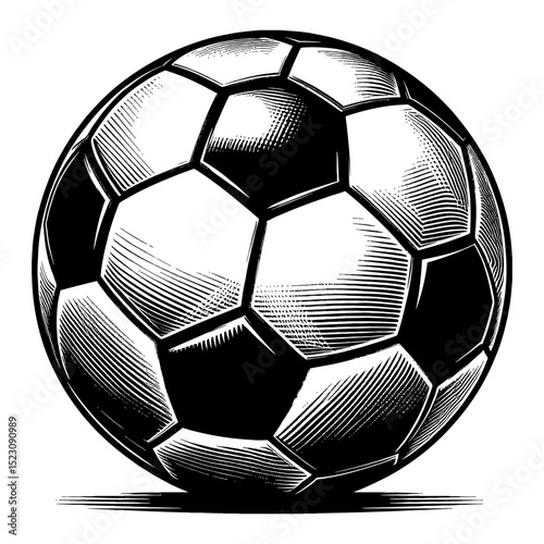 Isolated Classic Soccer Ball Detailed Vintage Engraving Style Black and White Outline Line Art Drawing