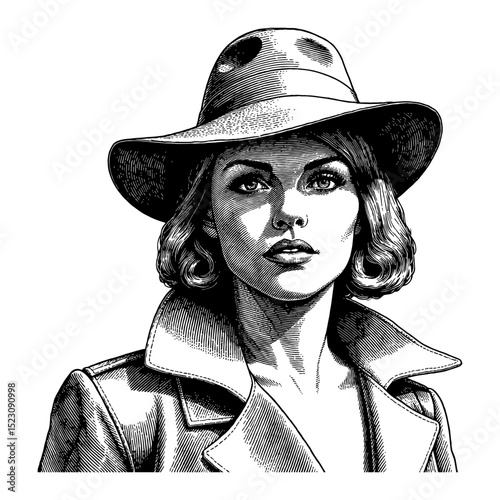 Woman Featuring Mysterious Intimidating Expression with Vintage Detective Suit Black and White Outline Line Art Drawing