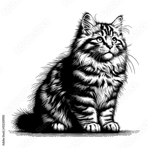 Adorable Fluffy Siberian Kitten Sitting Black and White Outline Line Art Drawing Illustration Vector Design