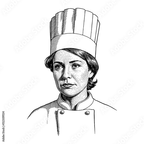 Woman Chef with Hat Featuring a Disappointed Expression Black and White Outline Line Art Drawing