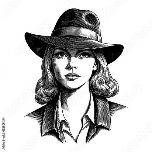 Woman Featuring Mysterious Intimidating Expression with Vintage Detective Suit Black and White Outline Line Art Drawing