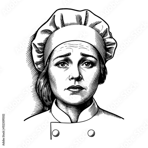 Sad Woman Chef with Hat Featuring Very Worried Expression Black and White Outline Line Art Drawing