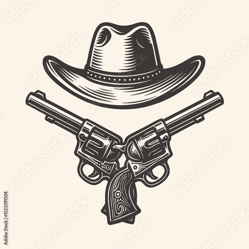 Cowboy Hat with Crossed Revolvers Vector Illustration
