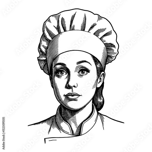 Woman Chef Wearing Hat with a Disappointed Expression in Black and White Outline Line Art Drawing