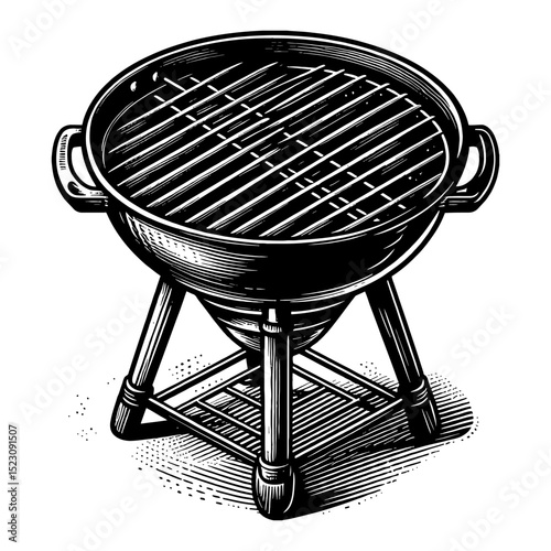 Round Barbecue Grill Portable Cooker Outdoor Kitchen Appliance Black and White Outline Line Art Drawing