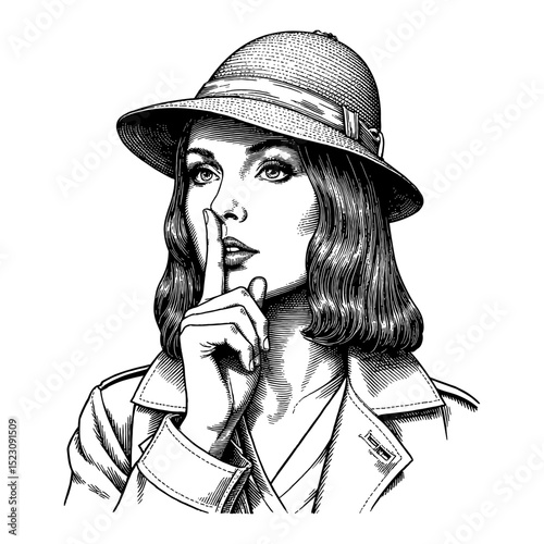 Woman in Detective Suit Doing Silent Be Quiet Gesture Finger on Lips Black and White Outline Line Art Drawing