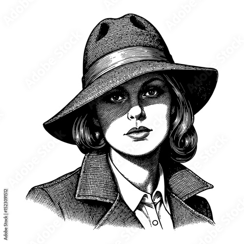 Mysterious Woman with Intimidating Expression Wearing Vintage Detective Suit Black and White Outline Line Art Drawing