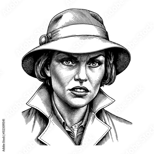 Woman with Very Angry Wrathful Face in Vintage Detective Suit Black and White Outline Line Art Drawing