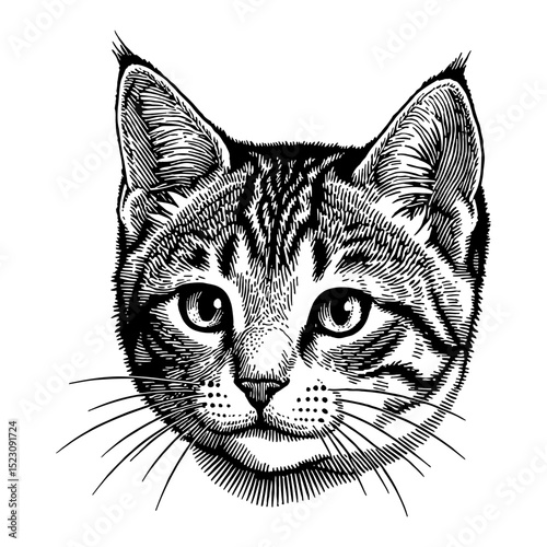American Shorthair Kitten Head Black and White Outline Line Art Drawing Engraving Style Detailed Pet