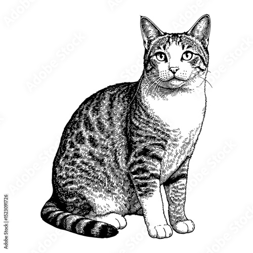 American Shorthair Cat Full Body Sitting Black and White Outline Line Art Drawing Detailed Animal Pet Illustration