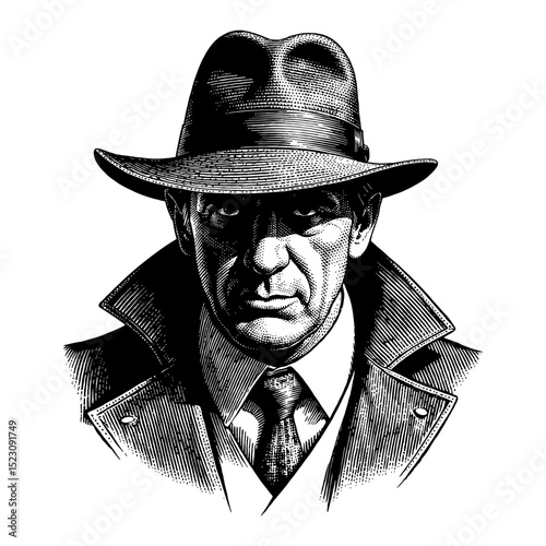 Mysterious Man with Intimidating Expression in Vintage Detective Suit Hat Shadows Black and White Outline Line Art Drawing