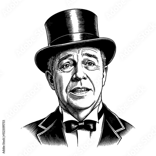 Expressive Crying Man Face Wearing Vintage Suit and Top Hat Black and White Outline Line Art Drawing