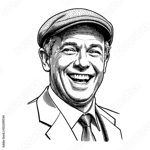 Man Joyfully Laughing Featuring Expressive Face with Vintage Suit and Flat Cap Black and White Outline Line Art Drawing