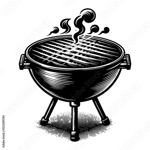 Vintage Round Grill with Rising Smoke Barbecue Outdoor Cooking Black and White Outline Line Art Drawing