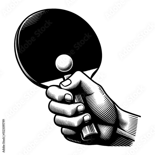 Hand Holding Ping Pong Paddle with Ball Black and White Outline Line Art Drawing Vintage Etching Style