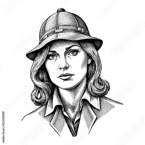 Portrait of Pensive Woman with Sad Face in Vintage Detective Suit Black and White Outline Line Art Drawing
