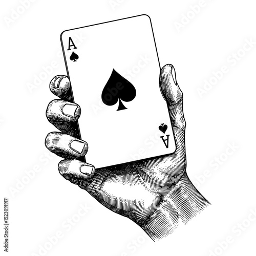 A Human Hand Holding One Ace of Spades Poker Card Black and White Outline Line Art Drawing Engraving