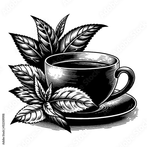 Vintage Black and White Outline Line Art Drawing of a Cup of Coffee or Tea with Fresh Leaves