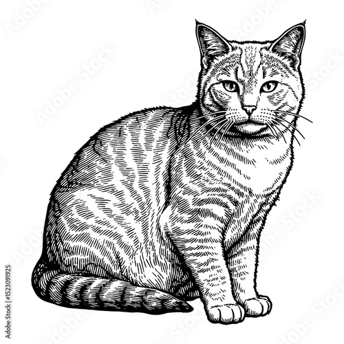 Full Body American Shorthair Cat Sitting Looking Front Black and White Outline Line Art Drawing