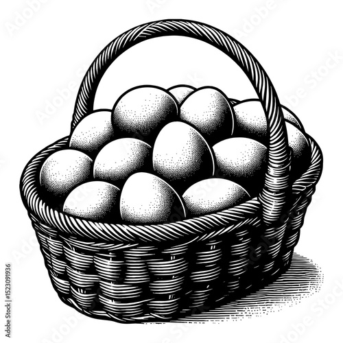 Vintage Black and White Outline Line Art Drawing of Fresh Eggs in a Woven Basket Farm Harvest