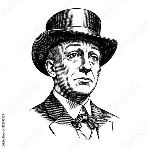 Man Featuring Expressive Crying Face with Vintage Suit and Top Hat Black and White Outline Line Art Drawing
