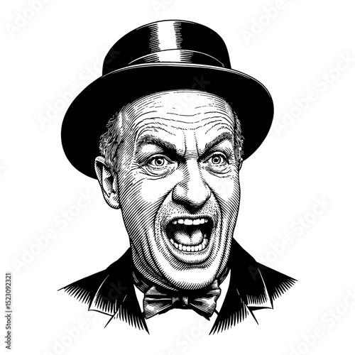 Expressive Very Angry Wrathful Man Face in Vintage Suit Top Hat Black and White Outline Line Art Drawing