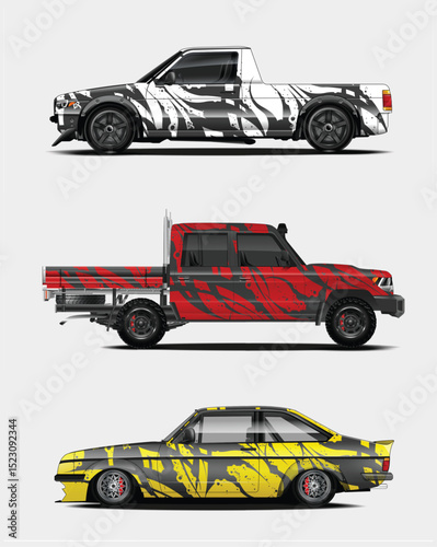 Three Custom Designed Race Cars with Abstract Wraps