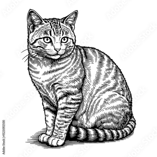 American Shorthair Kitten Full Body Sitting Vintage Black and White Outline Line Art Drawing